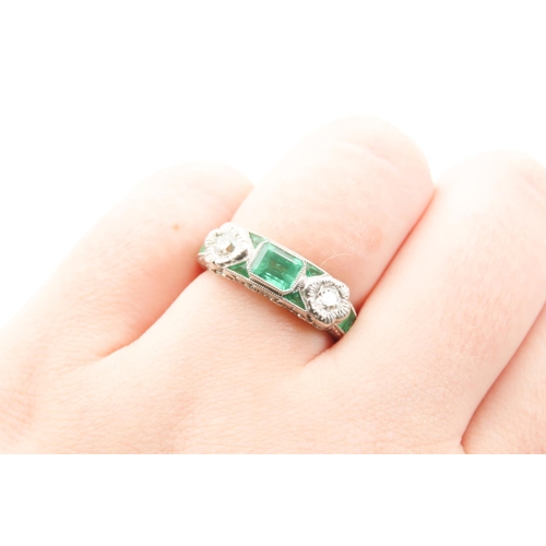 329 - Emerald and Diamond Set Ladies Ring Mounted in Platinum Ring Size M and a Half