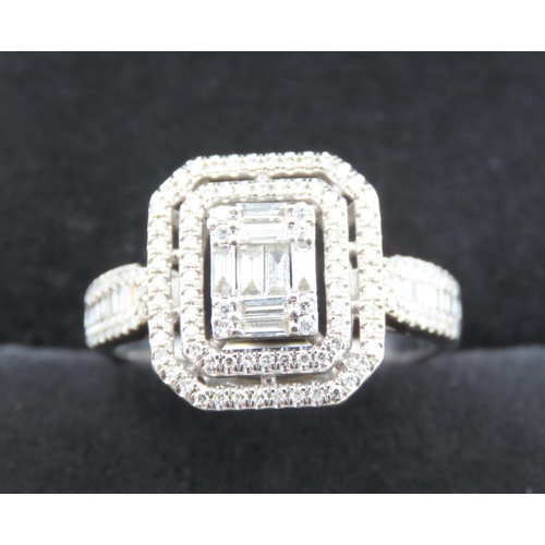 353 - Baguette Cut Diamond Cluster Ring with Double Halo Diamond Surround Set in 14 Carat White Gold Attra... 