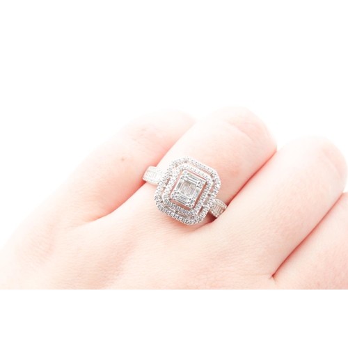 353 - Baguette Cut Diamond Cluster Ring with Double Halo Diamond Surround Set in 14 Carat White Gold Attra... 