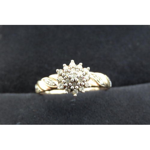 361 - Ladies Diamond Cluster Ring Set in 9 Carat  Yellow Gold with Further Diamonds Set to Band Ring Size