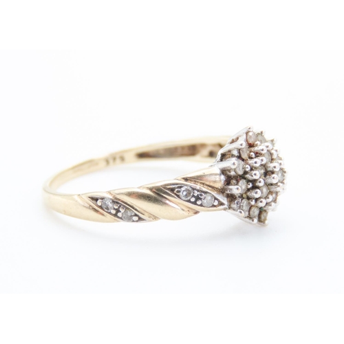 361 - Ladies Diamond Cluster Ring Set in 9 Carat  Yellow Gold with Further Diamonds Set to Band Ring Size