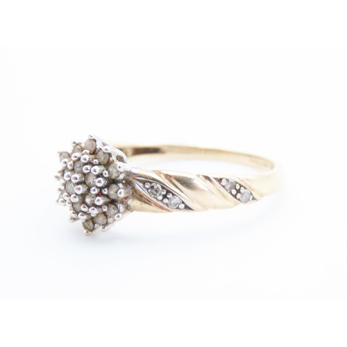 361 - Ladies Diamond Cluster Ring Set in 9 Carat  Yellow Gold with Further Diamonds Set to Band Ring Size