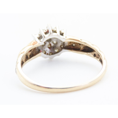 361 - Ladies Diamond Cluster Ring Set in 9 Carat  Yellow Gold with Further Diamonds Set to Band Ring Size