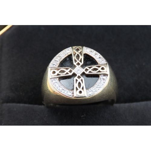 362 - 9 Carat Yellow Gold Black Onyx Set Celtic Cross Motif Ring with Further Diamond Insets Ring Size U