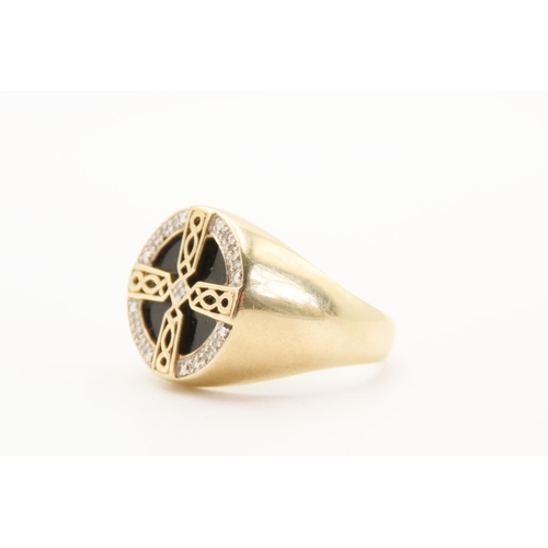 362 - 9 Carat Yellow Gold Black Onyx Set Celtic Cross Motif Ring with Further Diamond Insets Ring Size U