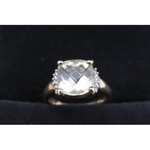 365 - Cushion Cut Pale Green Amethyst Ring Mounted in 9 Carat Yellow Gold with Further Diamonds Set to Sho... 