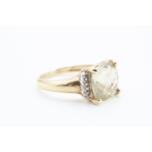 365 - Cushion Cut Pale Green Amethyst Ring Mounted in 9 Carat Yellow Gold with Further Diamonds Set to Sho... 