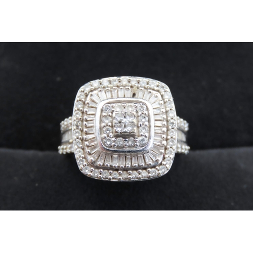 367 - Tapered Baguette and Round Cut Diamond Cluster Ring Set in 9 Carat White Gold Ring Size N and a Half