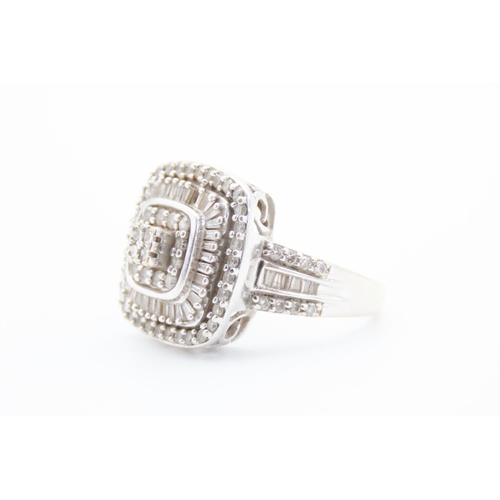 367 - Tapered Baguette and Round Cut Diamond Cluster Ring Set in 9 Carat White Gold Ring Size N and a Half