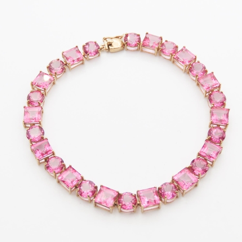 382 - Square Cut and Round Cut Pink Tourmaline Set Ladies Bracelet Set in 9 Carat Yellow Gold 19cm Long