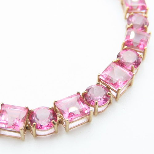 382 - Square Cut and Round Cut Pink Tourmaline Set Ladies Bracelet Set in 9 Carat Yellow Gold 19cm Long