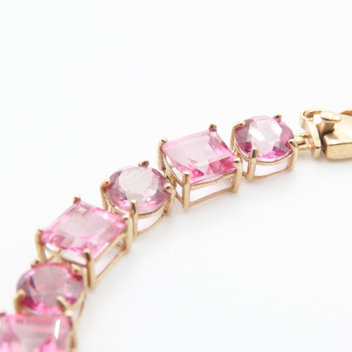 382 - Square Cut and Round Cut Pink Tourmaline Set Ladies Bracelet Set in 9 Carat Yellow Gold 19cm Long