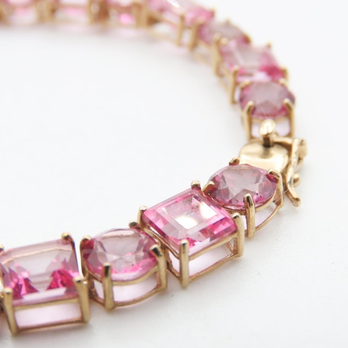 382 - Square Cut and Round Cut Pink Tourmaline Set Ladies Bracelet Set in 9 Carat Yellow Gold 19cm Long