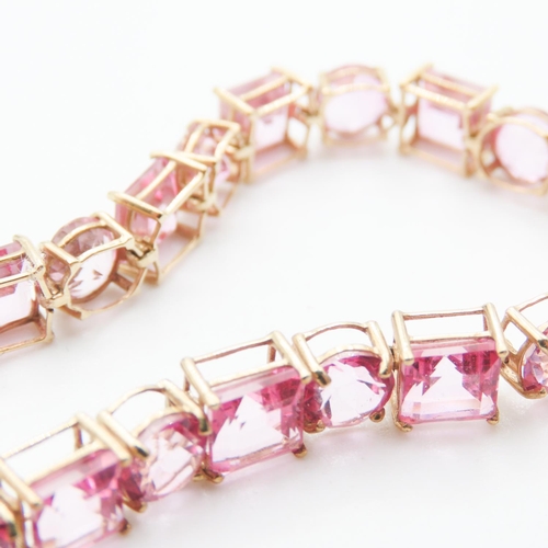 382 - Square Cut and Round Cut Pink Tourmaline Set Ladies Bracelet Set in 9 Carat Yellow Gold 19cm Long