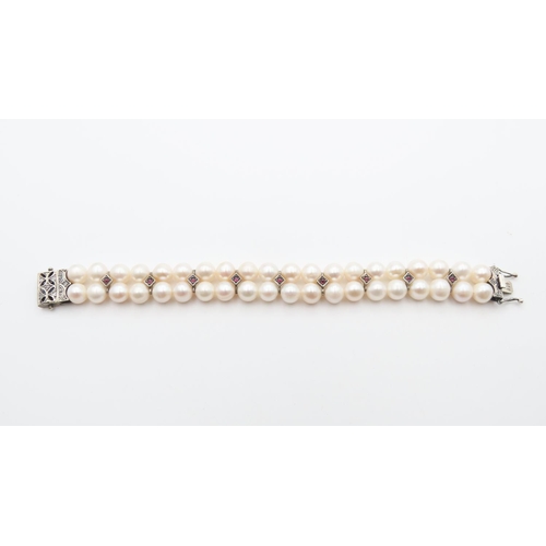 Twin Strand Pearl Bracelet Set with Rubies and Diamonds 9 Carat Yellow Gold Clasp 18cm Long