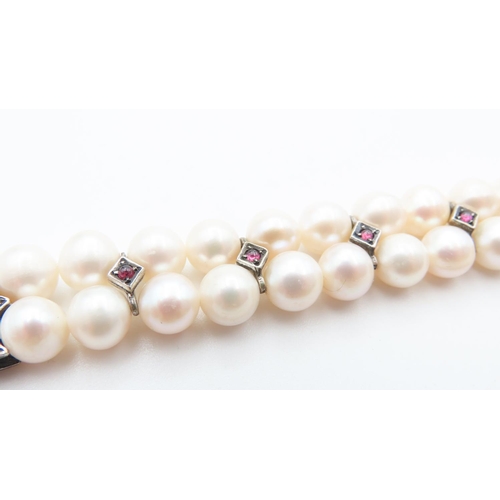 383 - Twin Strand Pearl Bracelet Set with Rubies and Diamonds 9 Carat Yellow Gold Clasp 18cm Long