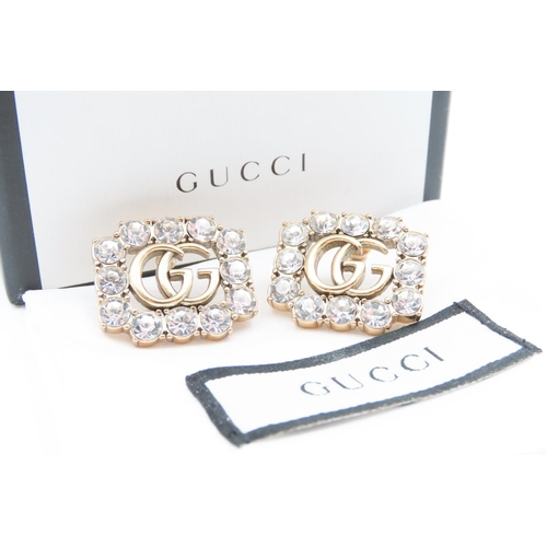 386 - Pair of Gucci Crystal GG Marmont Earrings 2cm High 2.5cm Wide with Original Packaging Present