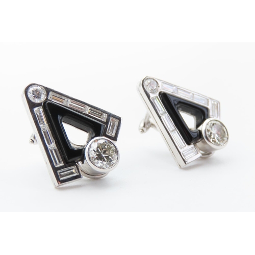 392 - Pair of Unusual Form 1920s Black Onyx and Diamond Earrings with Further Baguette Cut Diamond Decorat... 