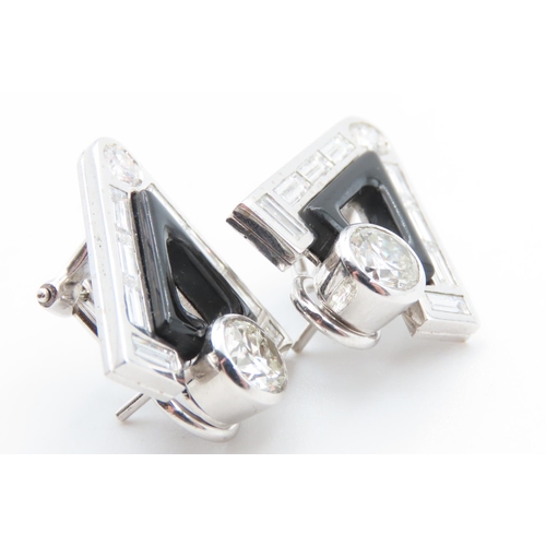 392 - Pair of Unusual Form 1920s Black Onyx and Diamond Earrings with Further Baguette Cut Diamond Decorat... 