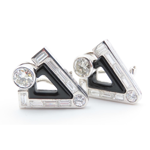 392 - Pair of Unusual Form 1920s Black Onyx and Diamond Earrings with Further Baguette Cut Diamond Decorat... 