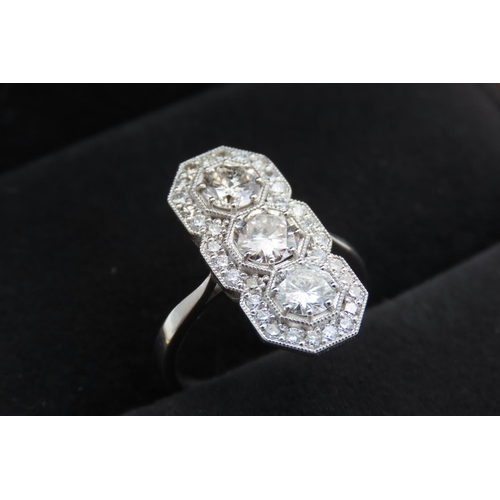 395 - Three Stone Diamond Ring with Further Diamond Halo Decoration Set in Platinum Each Diamond Approxima... 