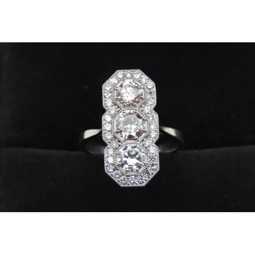 395 - Three Stone Diamond Ring with Further Diamond Halo Decoration Set in Platinum Each Diamond Approxima... 