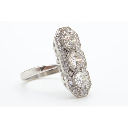 395 - Three Stone Diamond Ring with Further Diamond Halo Decoration Set in Platinum Each Diamond Approxima... 