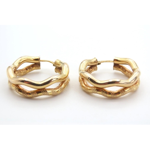 408 - Pair of 9 Carat Yellow Gold Snake Motif Two Row Hoop Earrings 2cm Diameter