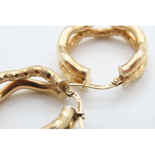 408 - Pair of 9 Carat Yellow Gold Snake Motif Two Row Hoop Earrings 2cm Diameter