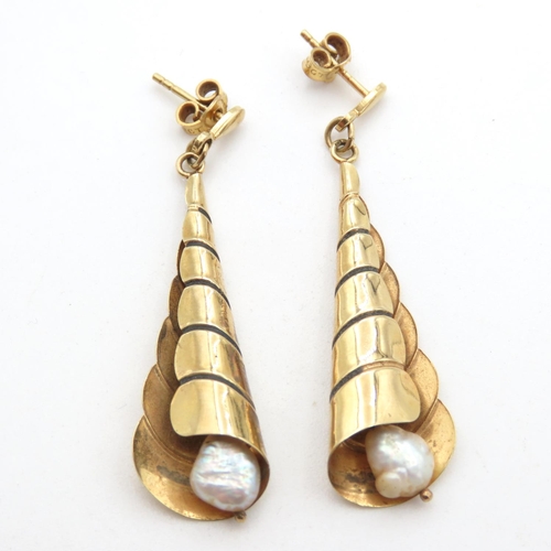 Pair of Pearl Set Shell Form Earrings Set in 9 Carat Yellow Gold 4cm Drop Each