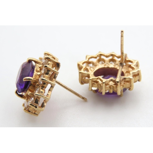 417 - Pair of 14 Carat Yellow Gold Amethyst and Diamond Set Cluster Earrings