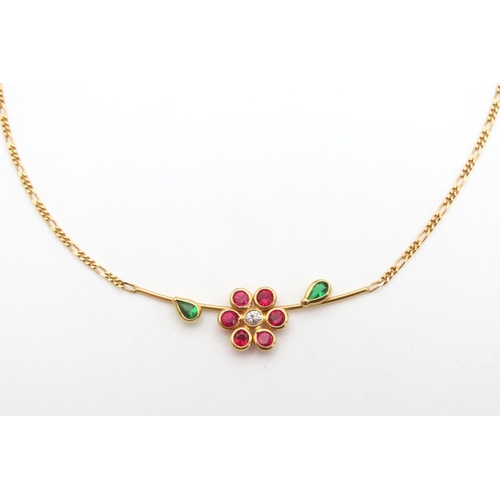 424 - Ruby Diamond and Diopside Set Flower Form Pendant Necklace Set in 18 Carat Yellow Gold Attractively ... 