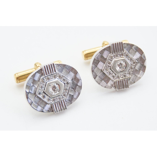 430 - 18 Carat White and Yellow Gold Diamond Set Cuff Links with Further Diamond Cut Design