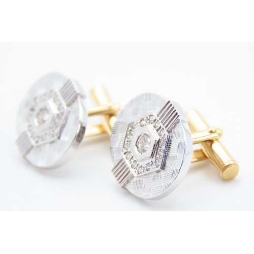 430 - 18 Carat White and Yellow Gold Diamond Set Cuff Links with Further Diamond Cut Design