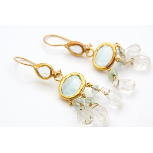 434 - Pair of Aquamarine and Quartz Set Ladies Drop Earrings Set in 14 Carat Yellow Gold 4cm Drop