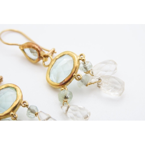 434 - Pair of Aquamarine and Quartz Set Ladies Drop Earrings Set in 14 Carat Yellow Gold 4cm Drop