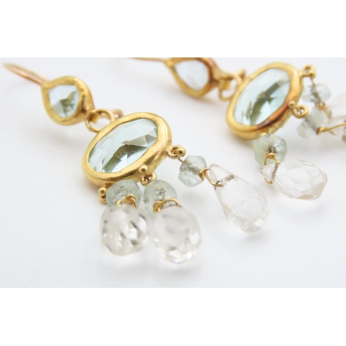 434 - Pair of Aquamarine and Quartz Set Ladies Drop Earrings Set in 14 Carat Yellow Gold 4cm Drop