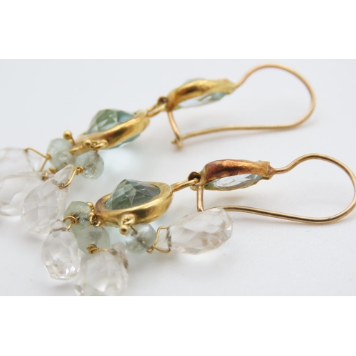 434 - Pair of Aquamarine and Quartz Set Ladies Drop Earrings Set in 14 Carat Yellow Gold 4cm Drop