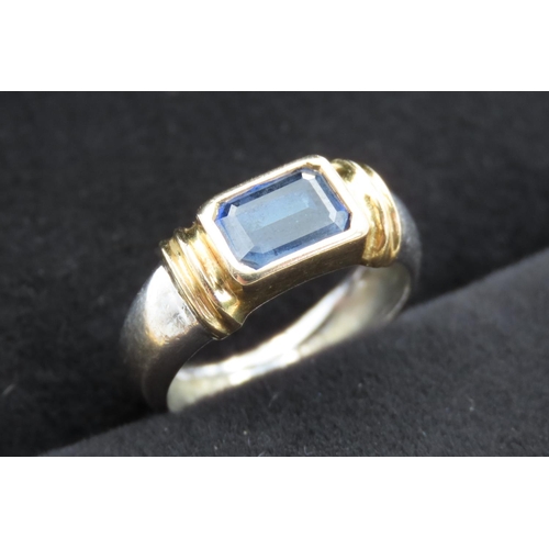 436 - Emerald Cut Sapphire Bezel Set in 18 Carat Yellow Gold Mounted on 18 Carat White Gold Band Ring Size... 