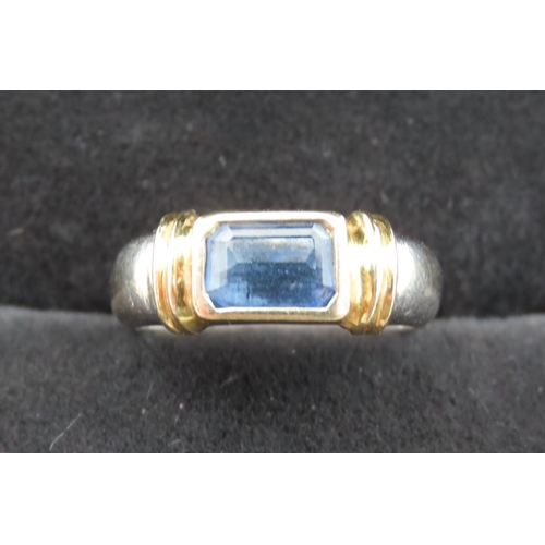 436 - Emerald Cut Sapphire Bezel Set in 18 Carat Yellow Gold Mounted on 18 Carat White Gold Band Ring Size... 