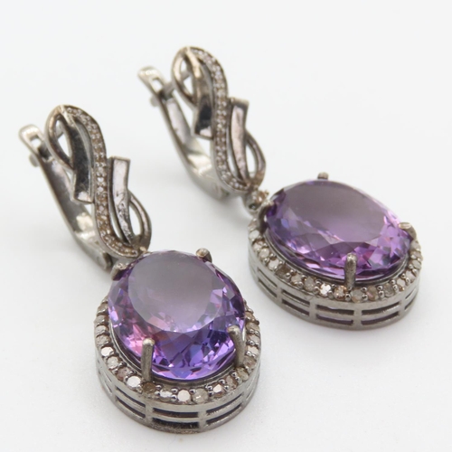 448 - Pair of Statement Amethyst and Diamond Set Ladies Drop Earrings Mounted on Silver 4cm Drop