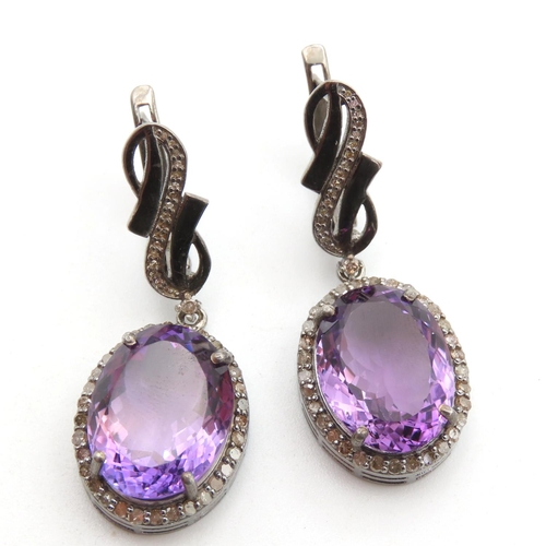 448 - Pair of Statement Amethyst and Diamond Set Ladies Drop Earrings Mounted on Silver 4cm Drop