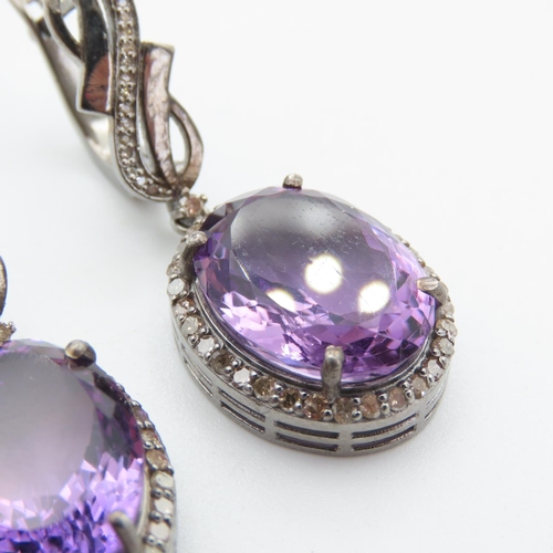 448 - Pair of Statement Amethyst and Diamond Set Ladies Drop Earrings Mounted on Silver 4cm Drop