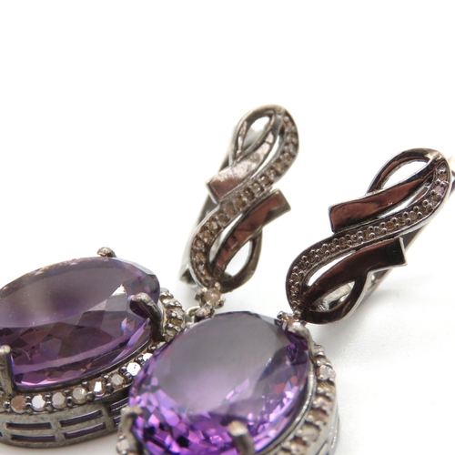 448 - Pair of Statement Amethyst and Diamond Set Ladies Drop Earrings Mounted on Silver 4cm Drop