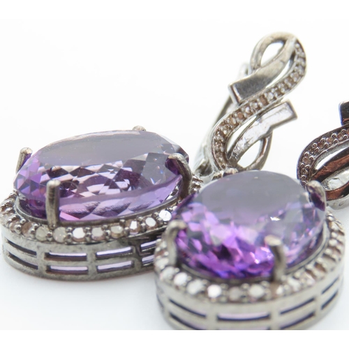 448 - Pair of Statement Amethyst and Diamond Set Ladies Drop Earrings Mounted on Silver 4cm Drop