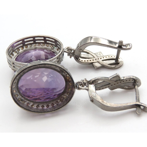 448 - Pair of Statement Amethyst and Diamond Set Ladies Drop Earrings Mounted on Silver 4cm Drop