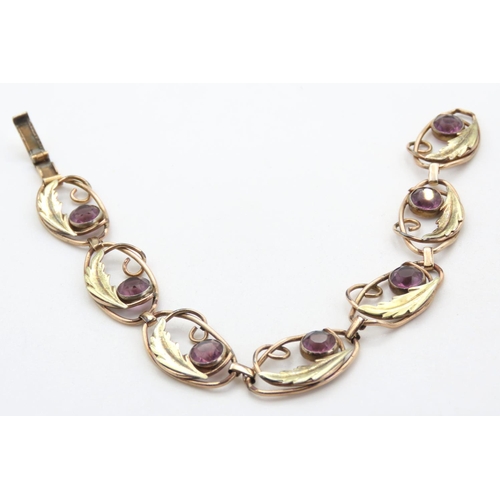 450 - Seven Stone Amethyst Set Fancy Floral Link Bracelet set in Filled Gold 18cm Long