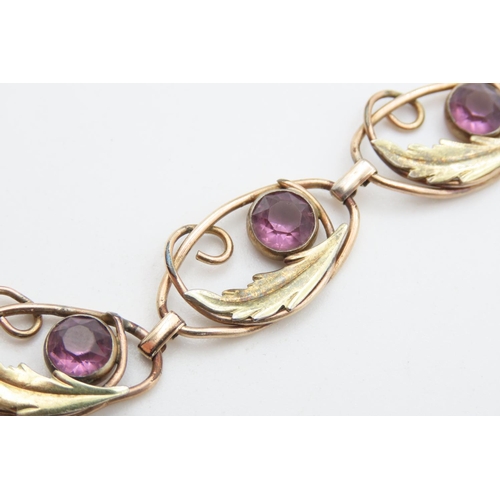 450 - Seven Stone Amethyst Set Fancy Floral Link Bracelet set in Filled Gold 18cm Long