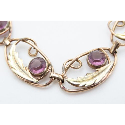 450 - Seven Stone Amethyst Set Fancy Floral Link Bracelet set in Filled Gold 18cm Long