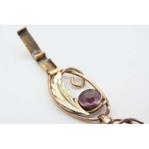 450 - Seven Stone Amethyst Set Fancy Floral Link Bracelet set in Filled Gold 18cm Long